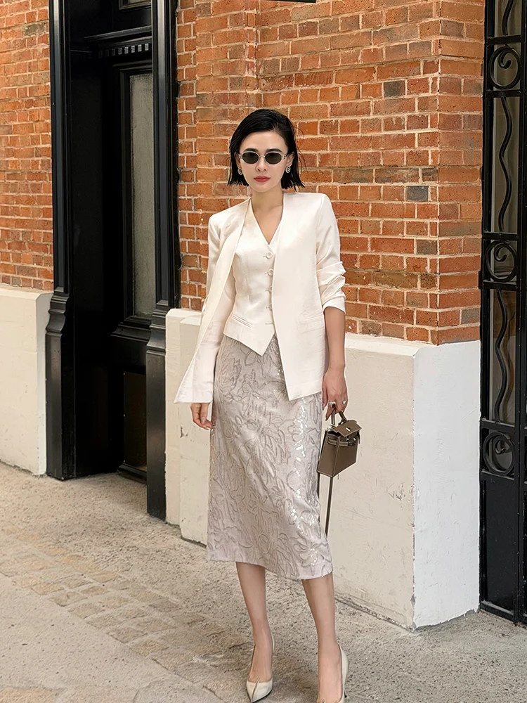 

Elegant Intellectual Chinese Style Half Skirt with Beads Spring Summer High Waist A-Line Skirt Ladies Polyester Acetate Nylon