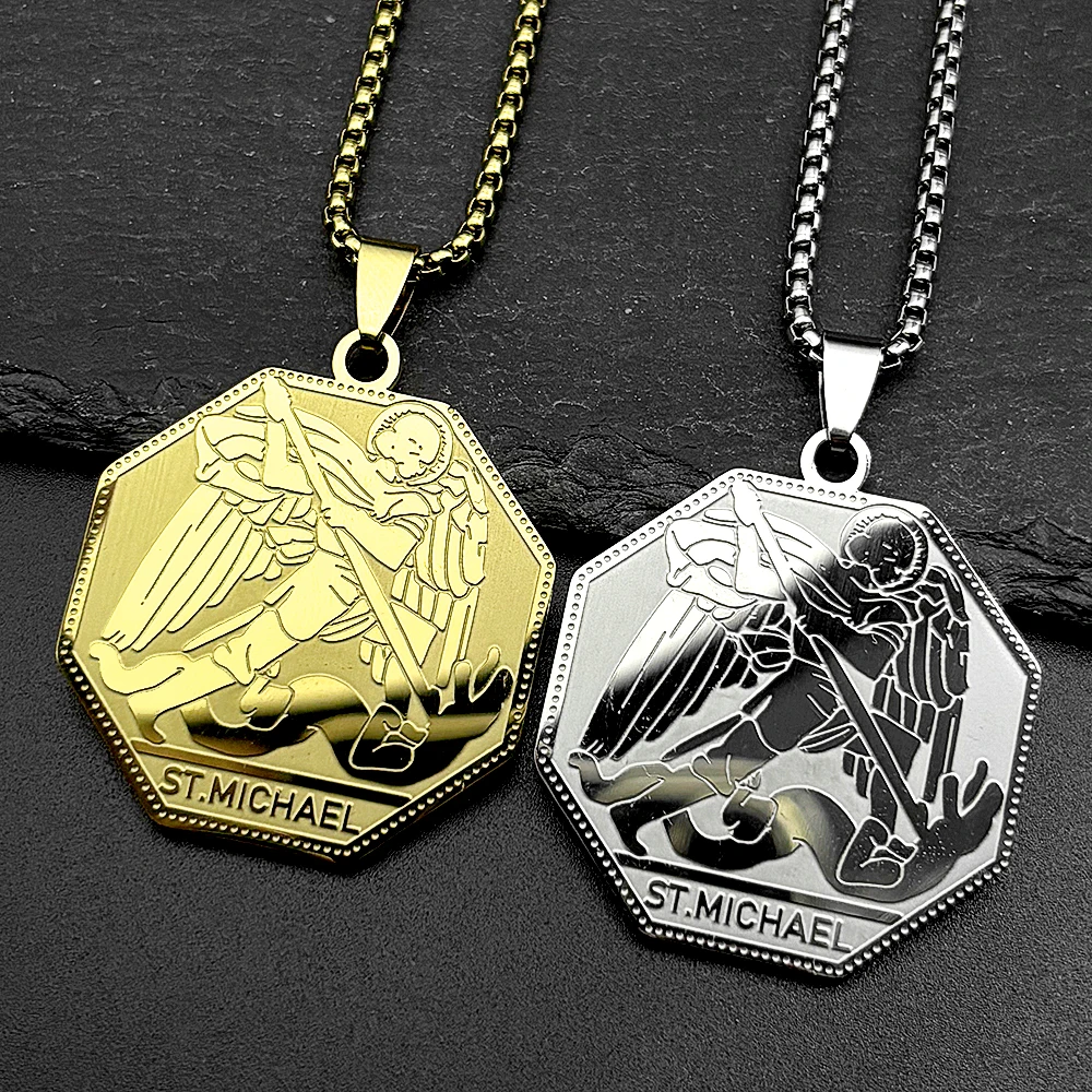 Octagonal Medal Archangel Saint Michael Stainless Steel Chain Necklace for Women Men Gold Color Pendant Necklaces Jewelry Gift