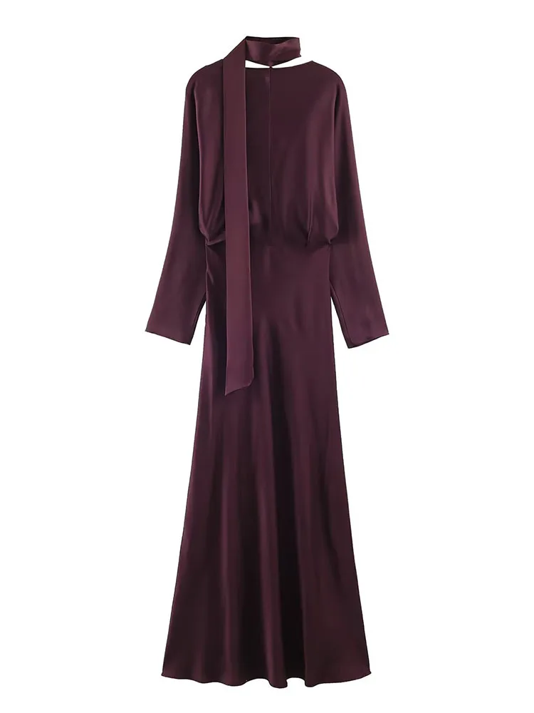 HH المرأة موضة جديدة مزاجه بسيط الحرير وشاح من الساتان فستان طويل الإناث أنيقة الخامس الرقبة ضئيلة طويلة الأكمام ألف خط فستان Mujer #2