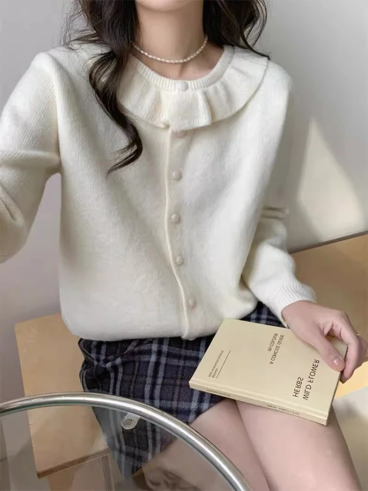 

2025 Korean College Style Gentle Doll Collar Cardigan Women Autumn Winter Sweet Single Breasted Casual Sweater Soft Warm Tops