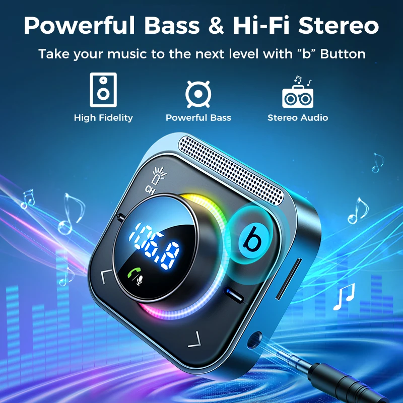 Joyroom Bluetooth 5.3FM/AUX Bluetooth Adapter samochodowy ładowarka samochodowa Bass Boost 3 porty PD&QC 3.0 FM nadajnik samochodowy Bluetooth