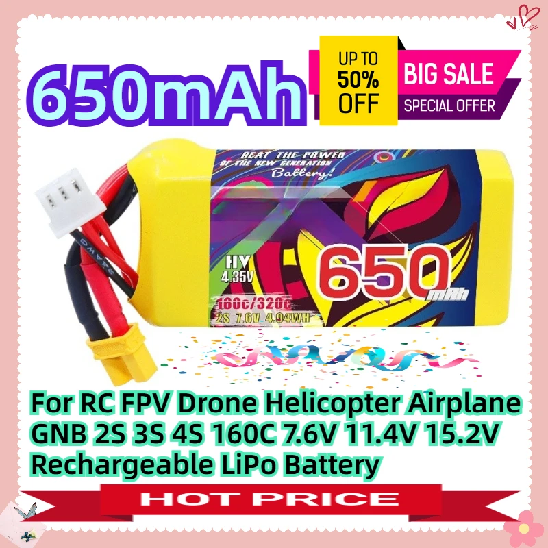 

For RC FPV Drone Helicopter Airplane GNB 2S 3S 4S 650mAh 160C 7.6V 11.4V 15.2V Rechargeable LiPo Battery