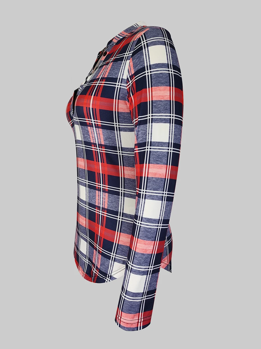 Damen Casual Kariertes T-Shirt V-Ausschnitt Knopf Langarm Stretch Slim Fit Oberteil Herbst Basic Tees Vintage Bluse Mode Pullover – Detail 3