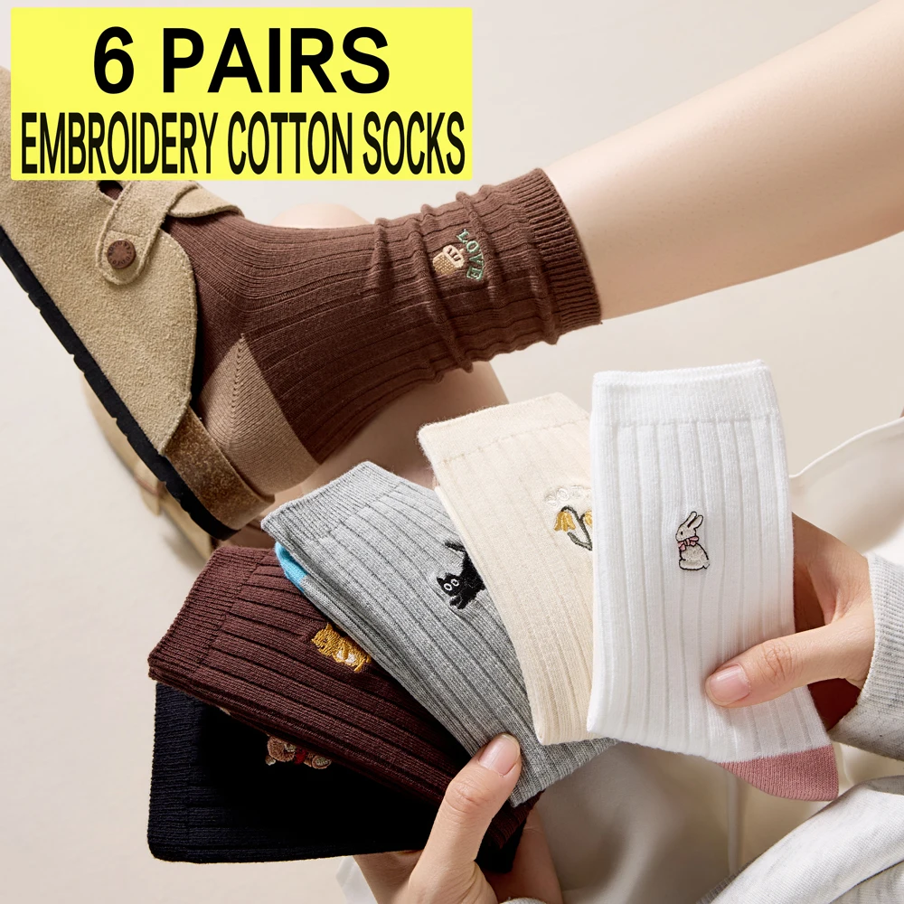 

6 Pairs Women's Cute Embroidered Mid Calf Socks Fall Winter Breathable Cotton Crew Socks Seamless Toe Anti Odor Stackable