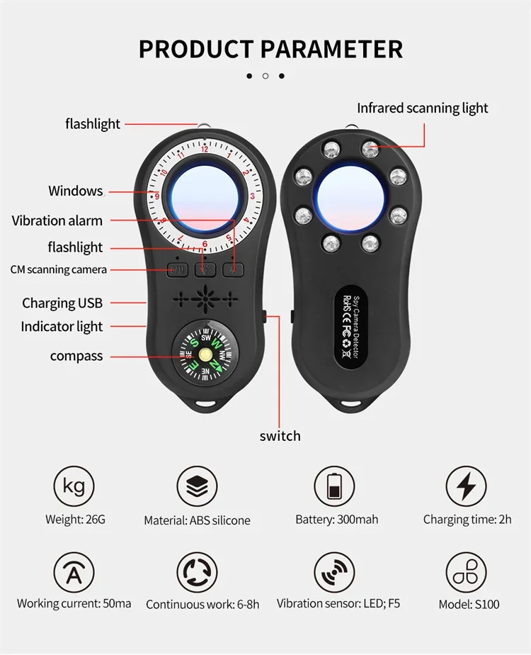 Detector de cámara portátil S100 para Hotel, localizador infrarrojo, alarma de seguridad