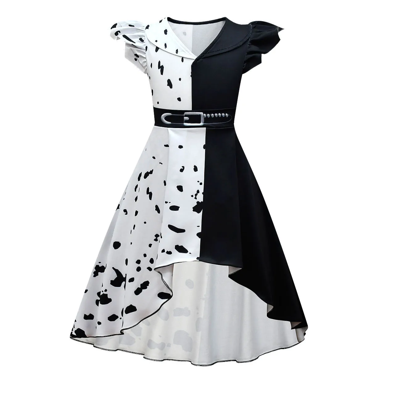 Girls Cruella Deville Costume Kids Movie 101 Black Dalmatian Dress with Bag Wig Suits Baby Girl Halloween Cosplay Party Dress Up