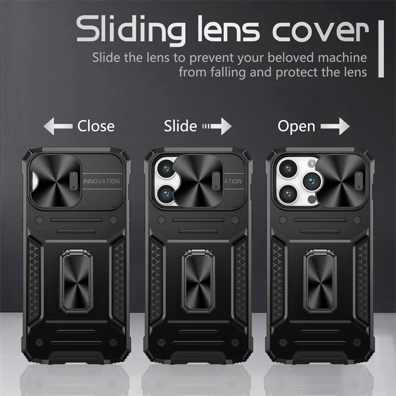 Magnetic Holder Ring Shockproof Armor Case For iPhone 15 Pro Max Slide Lens Protection Cover For iPhone15 iPhone 15 Plus + Funda