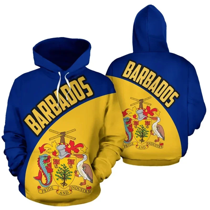 3D Barbados National Flag Printed Hoodies Barbados Coat Of Arms Emblem Graphic Hooded Sweatshirts Mens Clothing Pullovers Hoodie