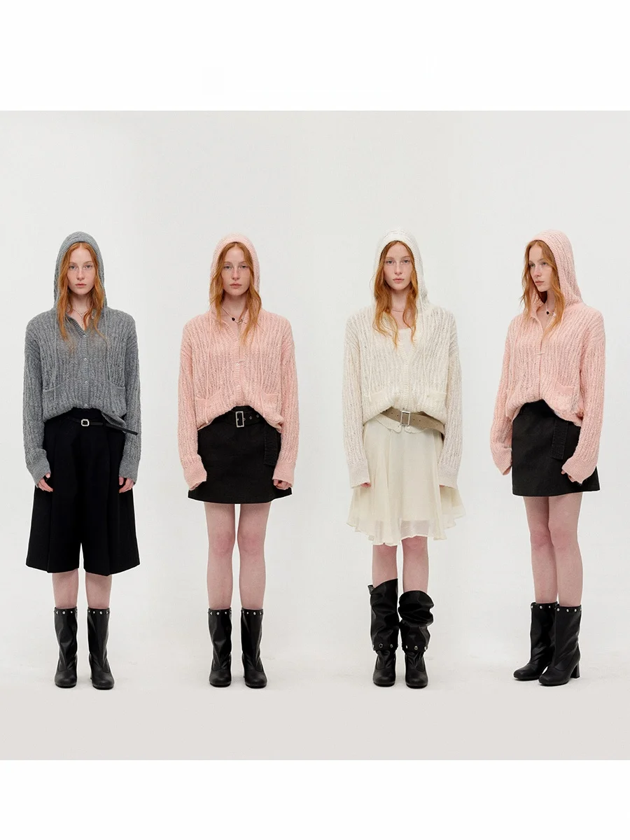 

Дышащий легкий вязаный кардиган-накидка с капюшоном, перфорированный, с вырезами, из нейлона, полиэстера, акрила, весенняя мода