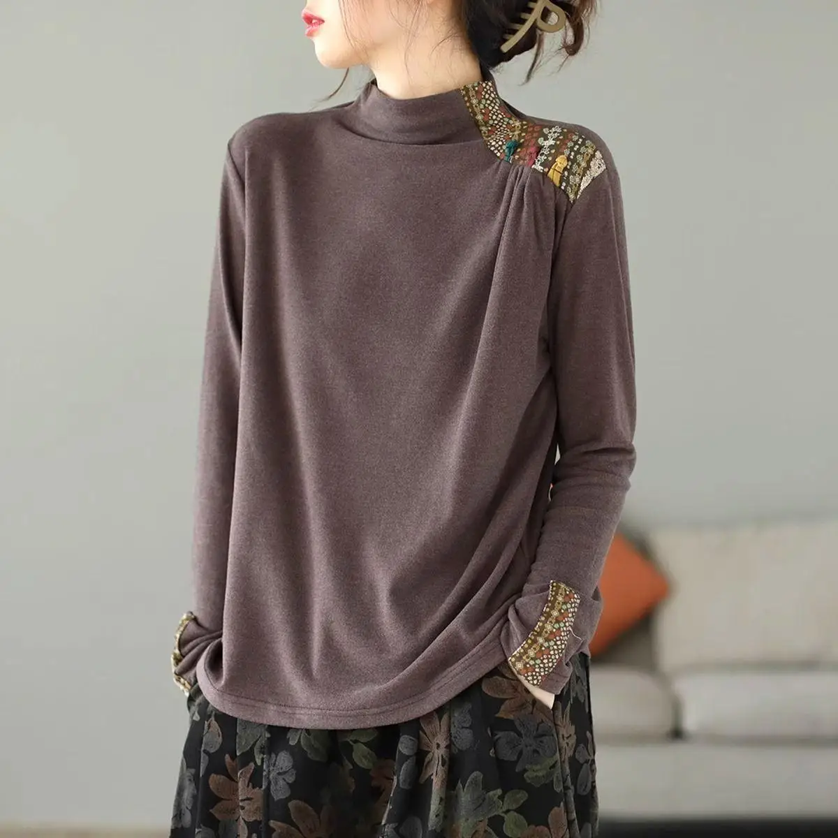 T-shirt Double face en velours à manches longues pour femme, coupe ample, amincissant, vêtements d'intérieur, Design imprimé coréen, automne hiver