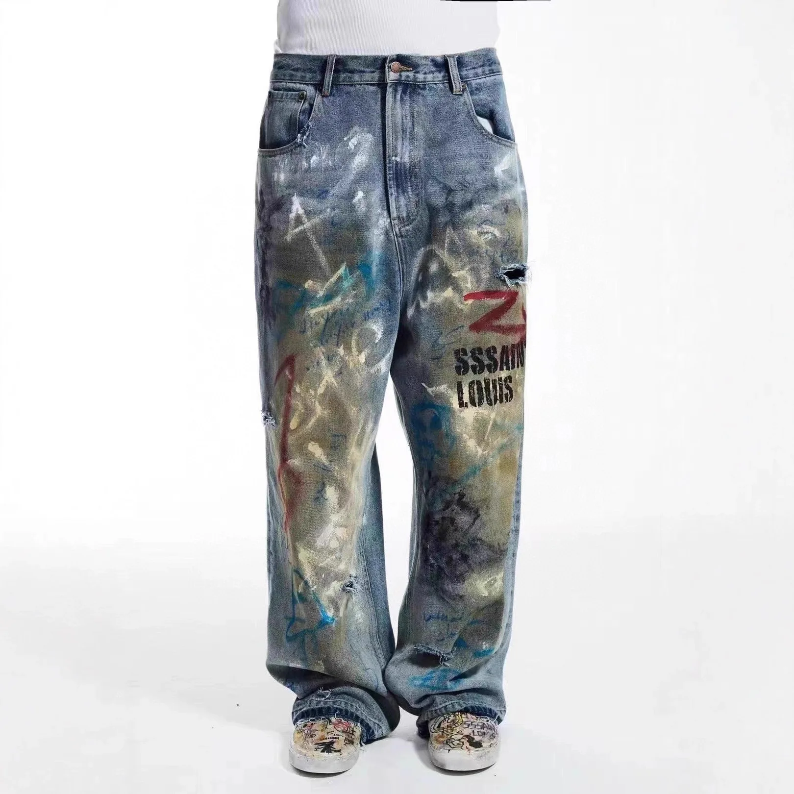 SSSAINT LOUIS 26SS - Dirty and Old Hand-Painted Graffiti Hole-Open Loose Casual Jeans for Men and Women - Trendy