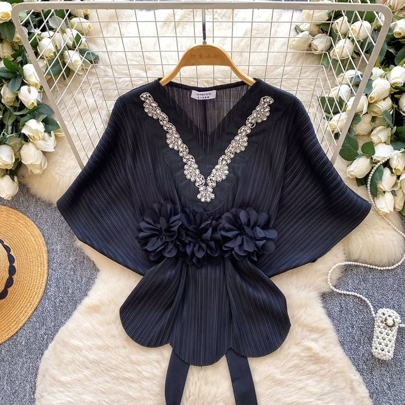 Diamonds 3D Floral Blouse Feminine Batwing Sleeves Lace Up Slim Summer Tops Office Lady Pleated Luxury Elegant Shirt view 4