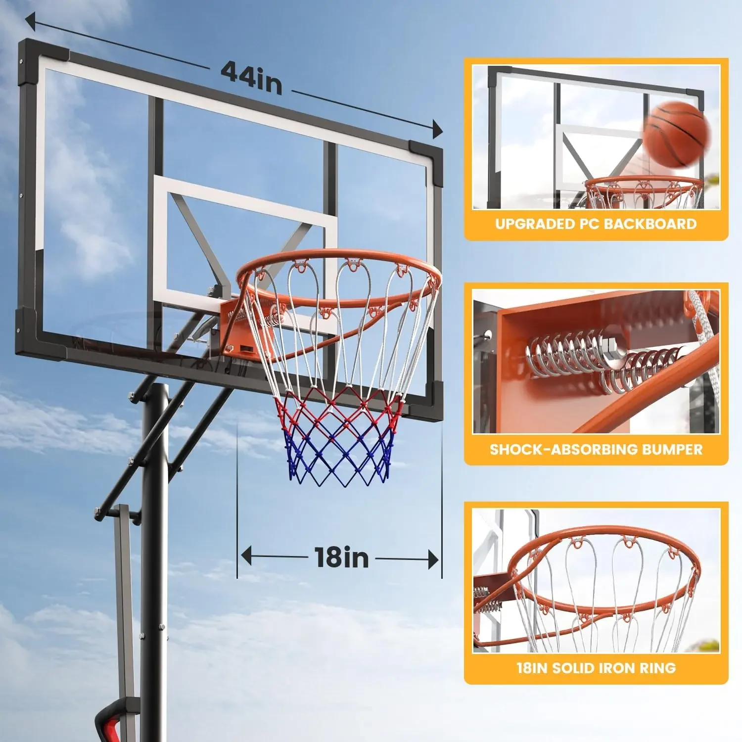 ห่วงบาสเกตบอลกลางแจ้ง 10 ฟุตปรับความสูงเป้าหมายบาสเกตบอลระบบแบบพกพา 44 "Backboard และล้อสําหรับเยาวชนผู้ใหญ่