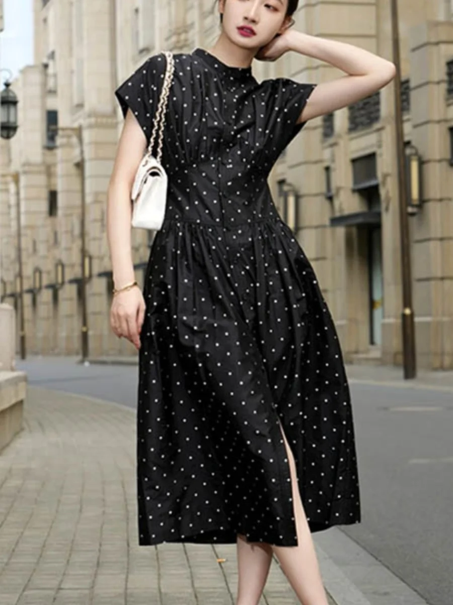 

Elegant Black Polka Dot Dress Formal Occasion Women's Fashion High Waist Long Sleeve Stand Collar Maxi Dress Summer Season