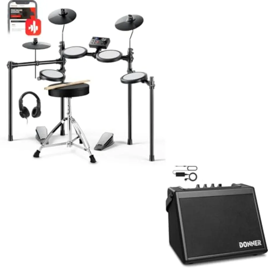

Electric Drum Set for Beginner with 150 Sounds 4 Quiet Mesh Pads in Black Portable Wireless Bundle with 20W Mini Amp for Home P