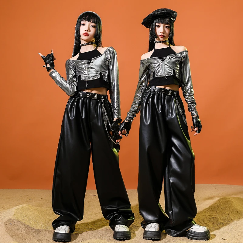 Mädchen Hip Hop Kleidung K-pop Shiny Crop Tops Street Dance Outfits Silber Hosen Kinder Streetwear Kind Jazz Kostüm Kleidung Sets