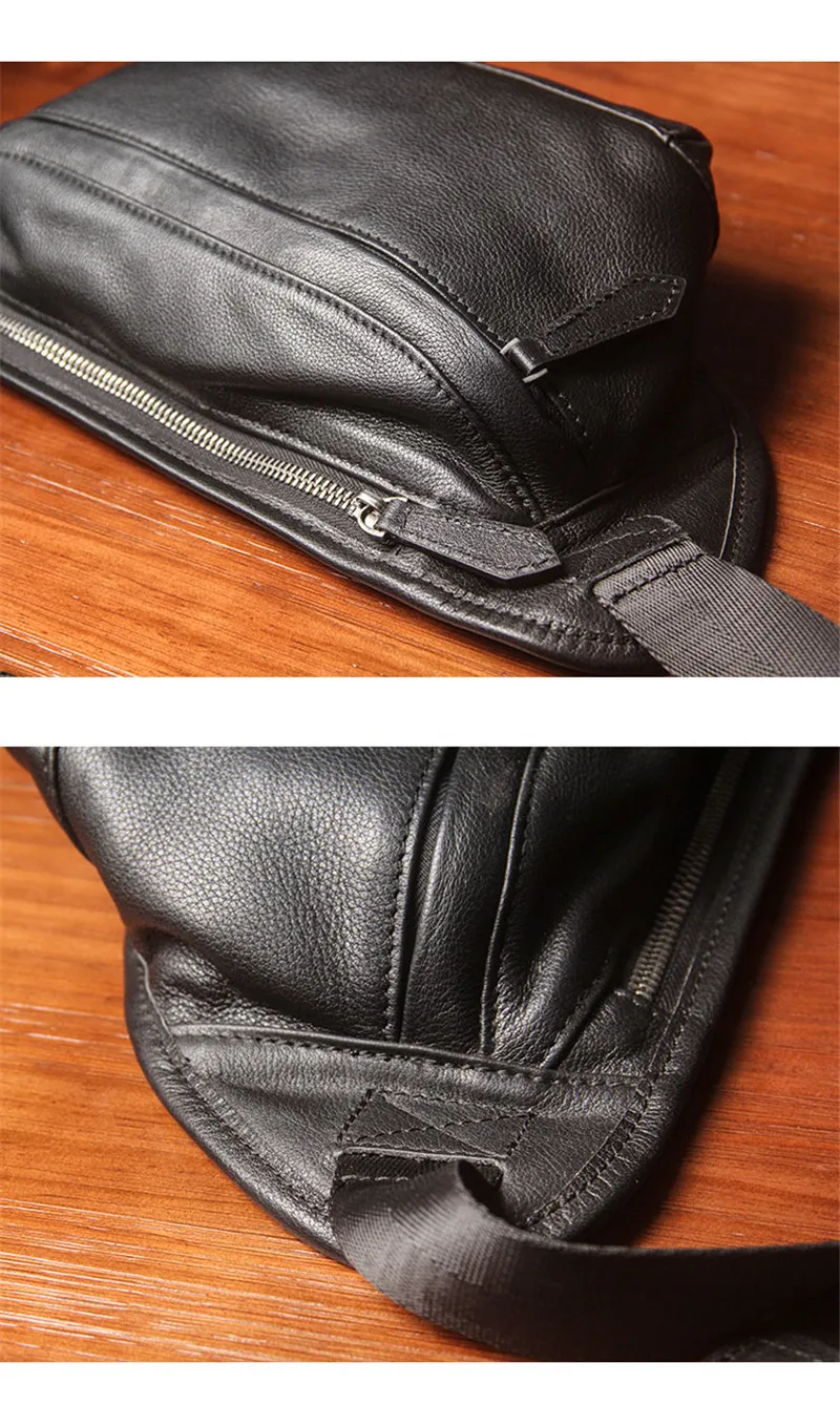 Fashionable multifunctional outdoor natural genuine leather men chest bag waist bag youth chest cowhide bag black small satchel