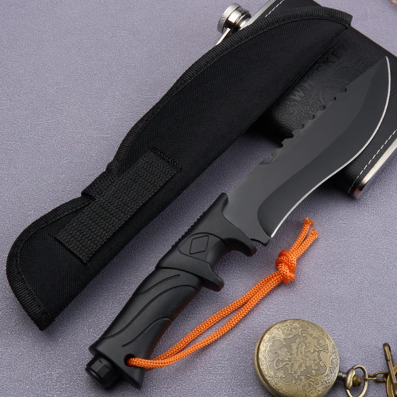 1PC Outdoor high-hardness straight knife, plastic anti-slip handle, free nylon sheath, hiking, mountain climbing,fishing,camping