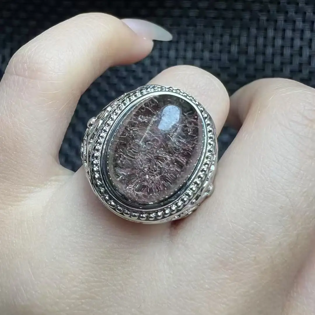 

Unit One Piece Copper Inlay Natural Rainbow Phantom Quartz Crystal Cabochon Finger-rings for Meditation