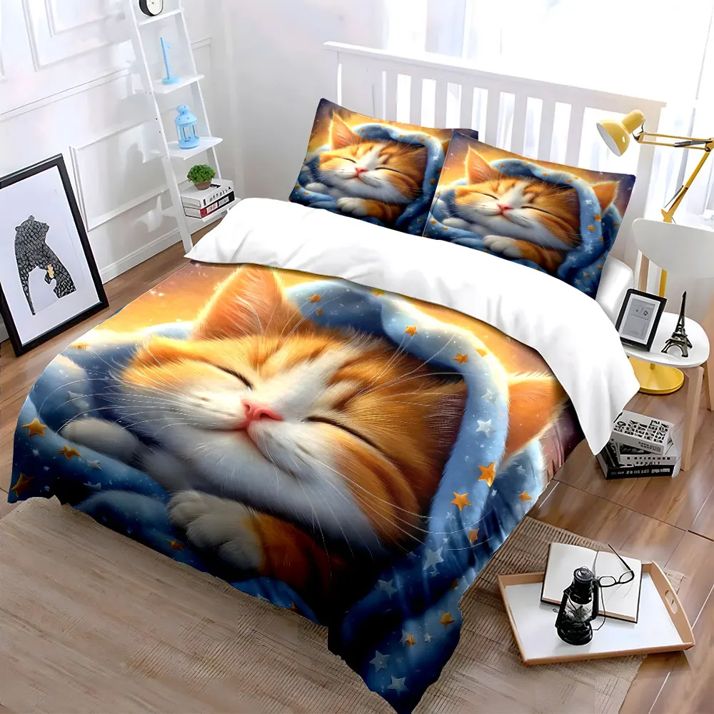 Cozy sleeping kitten under starry blanket Pattern Duvet Cover Set Digital Print Colorful Polyester Bedding with Zipper Closur