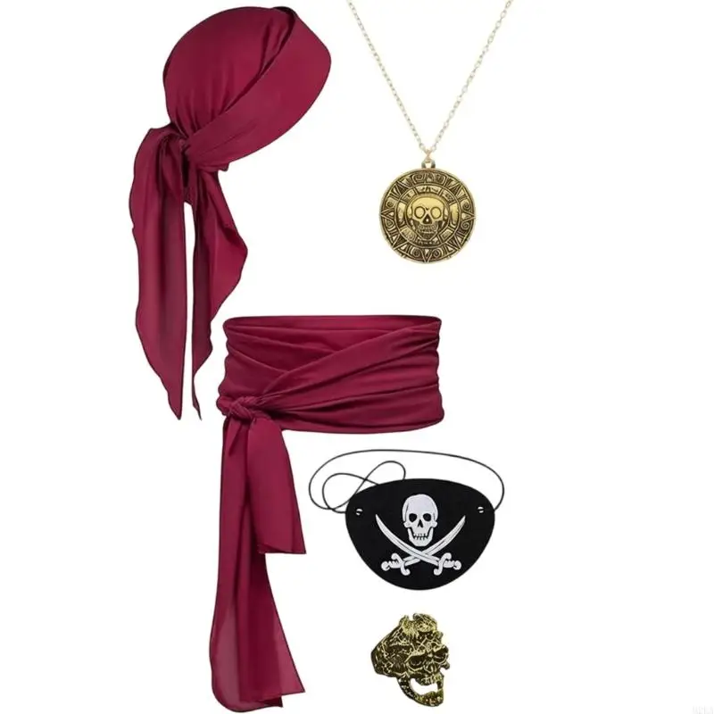 2026 New 5Pcs Pirate Costume Accessories Set Headband Belt Eye Patches Necklace Rings For Halloween Theme Party