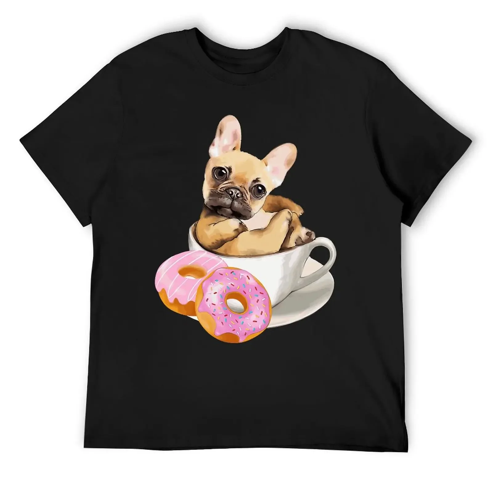 French Bulldog Lovers, Sweet Frenchie on Coffee Cup And Donuts T Shirt Harajuku T-shirt 100% Cotton Graphics Tshirt Tops