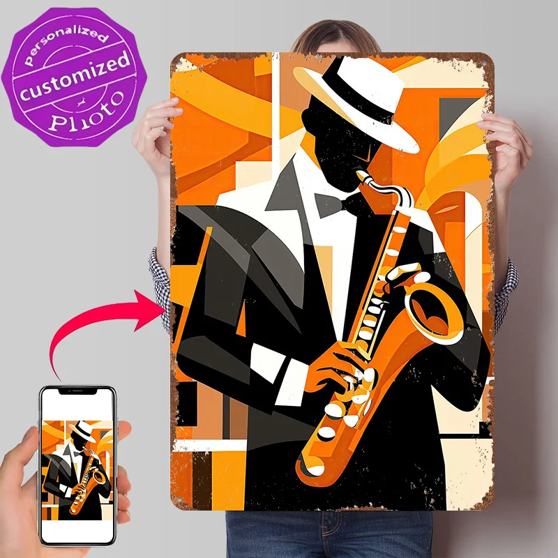 Jazz Saxophone Player Poster Retro 3D Printed Metal Signs Customized Wall Hanging Gift for Interior Accessories Vintage Decor