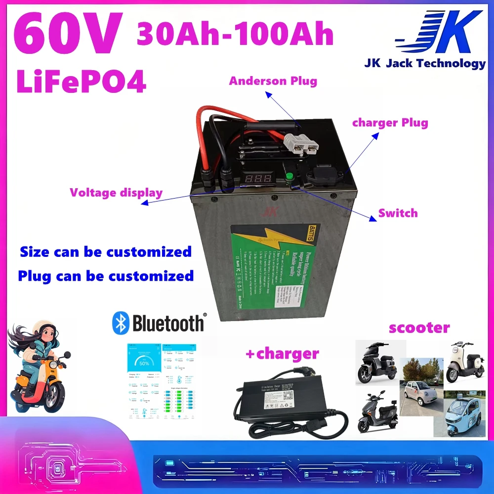 

scooter Battery 60V LiFePO4 best seller 30Ah-100Ah for scooter Electric motorcycle minicar Built in Bluetooth smart BMS +charger