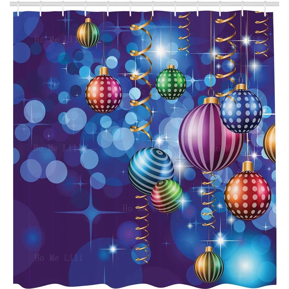 Merry Christmas Monster Happy New Year Party Celebrations Swirling Ornaments And Balls Print Shower Curtain