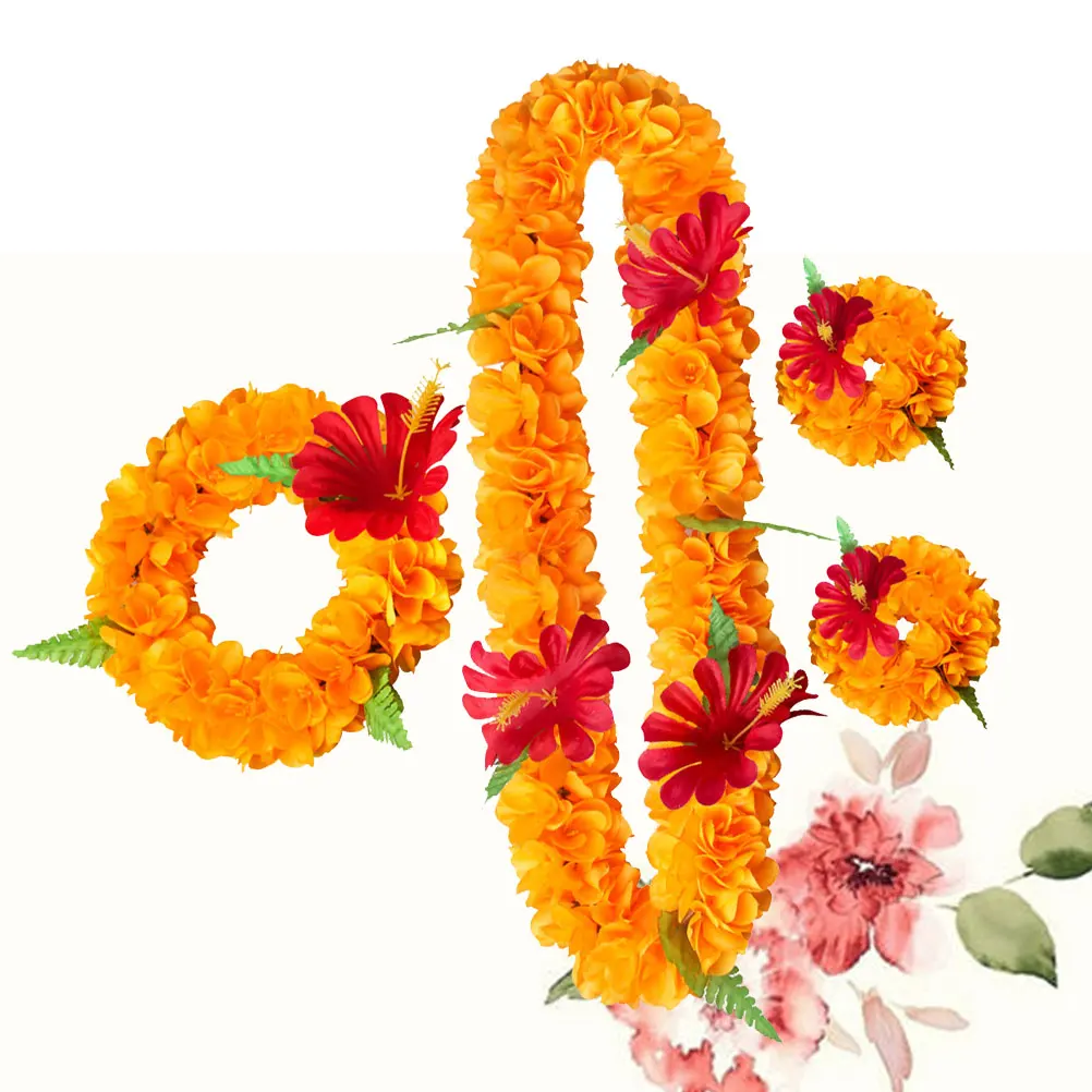 

4pcs Hawaiian Leis Party Thick Garland Artificial Flower Headband Neck Bracelets Set Lifelike Tropical Beach Luau Festival Hair