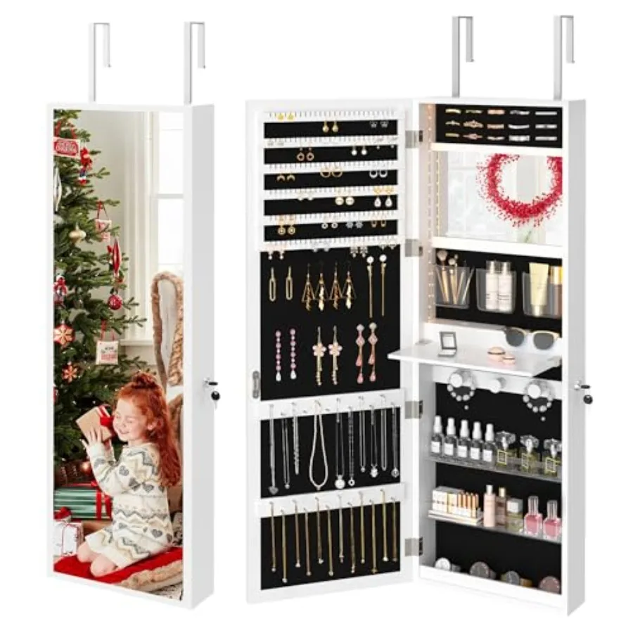 

Jewelry Cabinet with Mirror Jewelry Armoire Organizer with Lockable Full Length Mirror with Storage Wall/Door Mounted Interior