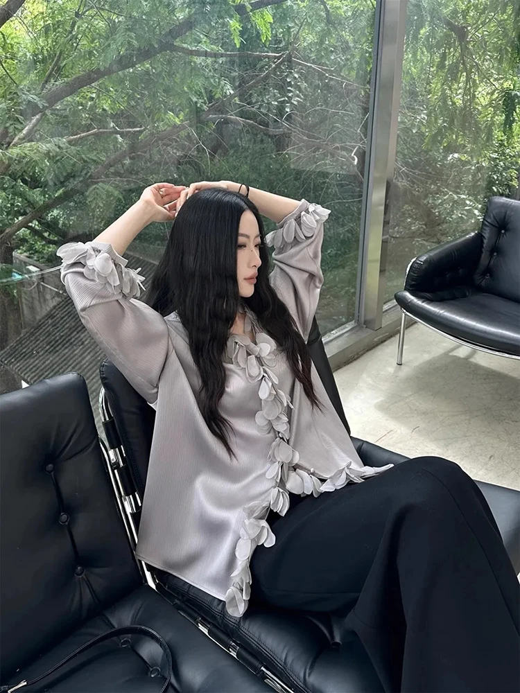 Women V Neck Shirt French Fashion 3D Petal Patchwork Elegant Long Sleeve Blouse Solid Office Lady Loose Chic Aesthetic New Tops