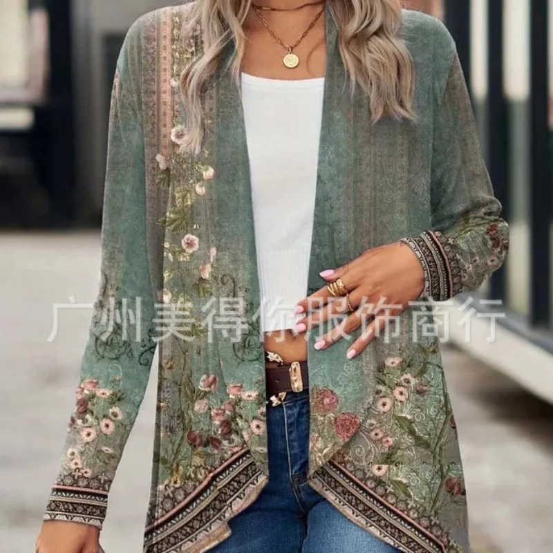 Women's Jackets Lapels Vintage Cardigan Buckle-free Long-sleeved Plant Print Thin Coat Casual Loose Tops Women Cape Trench Coat