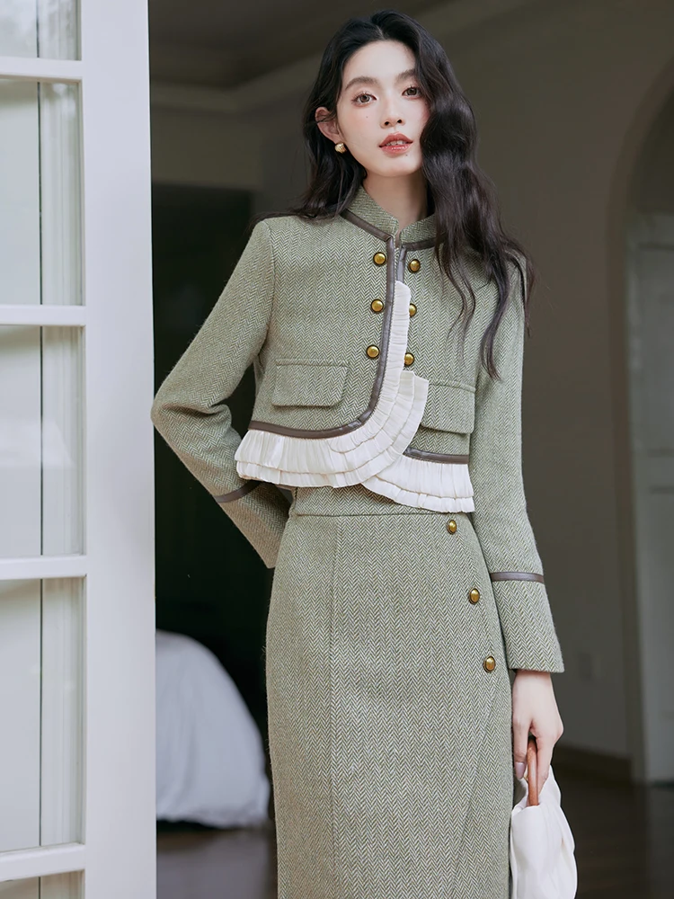 Koreańska moda w stylu Vintage 2 dwuczęściowy zestaw damski stroje jesienne z długim rękawem krótka kurtka Crop Coat + ołówkowe spódnica z rozcięciem garnitury