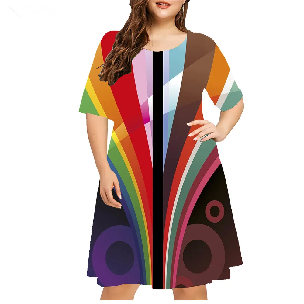 2024 New Women Dress Fashion Summer Painting Colorful Striped Loose Dress Casual Short Sleeve A-Line Dress Plus Size 7XL 8XL 9XL