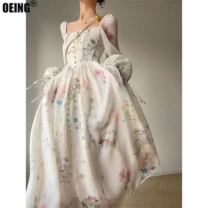 

2023 Summer Korean Style Floral Evening Party Dresses Chiffon Long Sleeve Beach Midi Fairy Dress Vestidos De Ocasion Formales