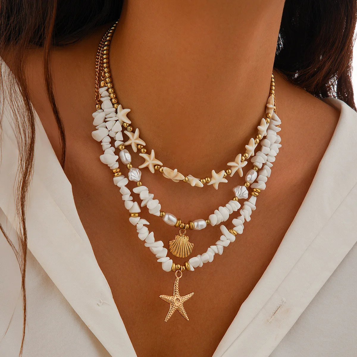 

Ailodo Bohemian Starfish Shell Pendant Necklace For Women Elegant Imitation Pearl Necklace Summer Beach Fashion Jewelry Gift