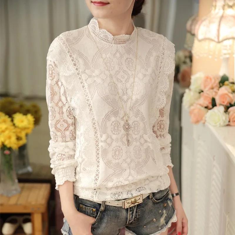 2023 Fashion Autumn Women Blouses Long Sleeve Casual Chiffon Shirts Stand Floral Lace Blouses Casaul Tops 07F