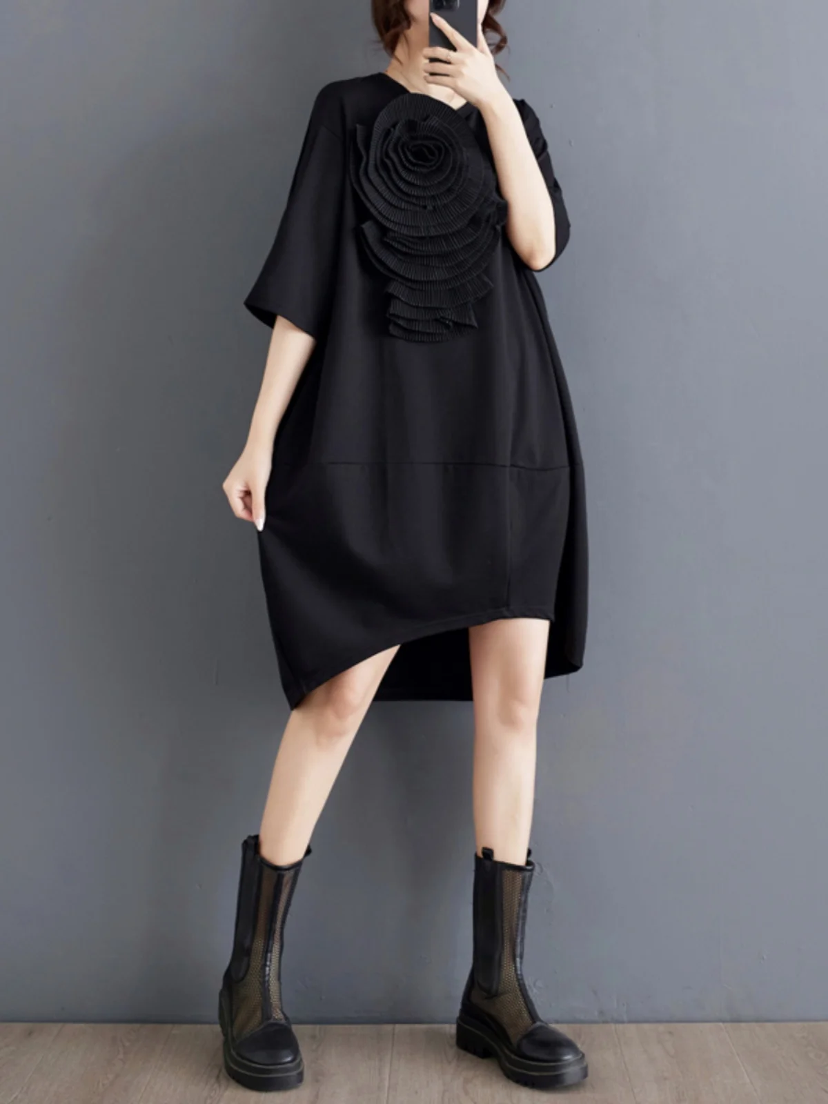 Ele femme ample Midi Dr Floral plissé ort Sve t-shirt jupe Vintage Sle été trajet pièce unique