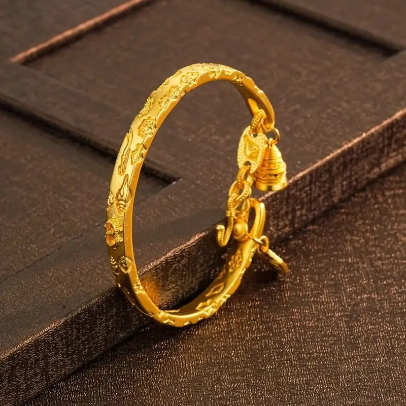 

More Than Every Year Golden Bracelet Open Half Bangle Stitching Fortune Lucky Palace Style Chinese Trend Jewelry with Pendant