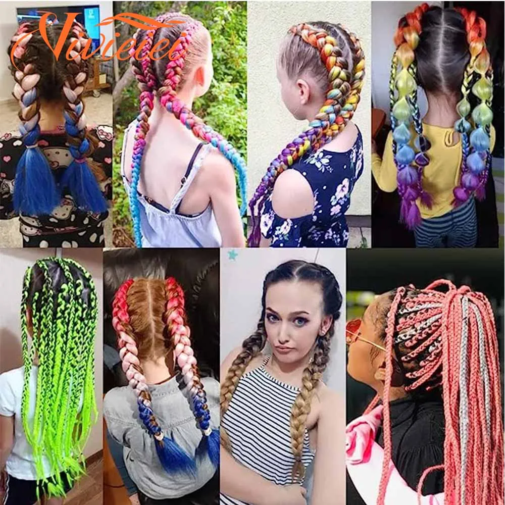 Rambut kepang warna panjang, ekstensi rambut sintetis Ombre DIY kepang Jumbo untuk wanita 5 buah 24 inci