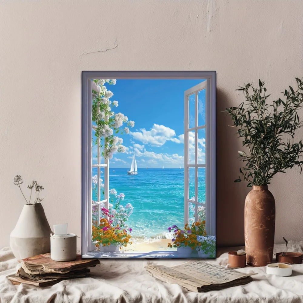 Canvas Print of an Open Window Featuring a Sea View, Depicting a Beach And Sailboat, Art Piece, Home Living Room Decor, No Fram