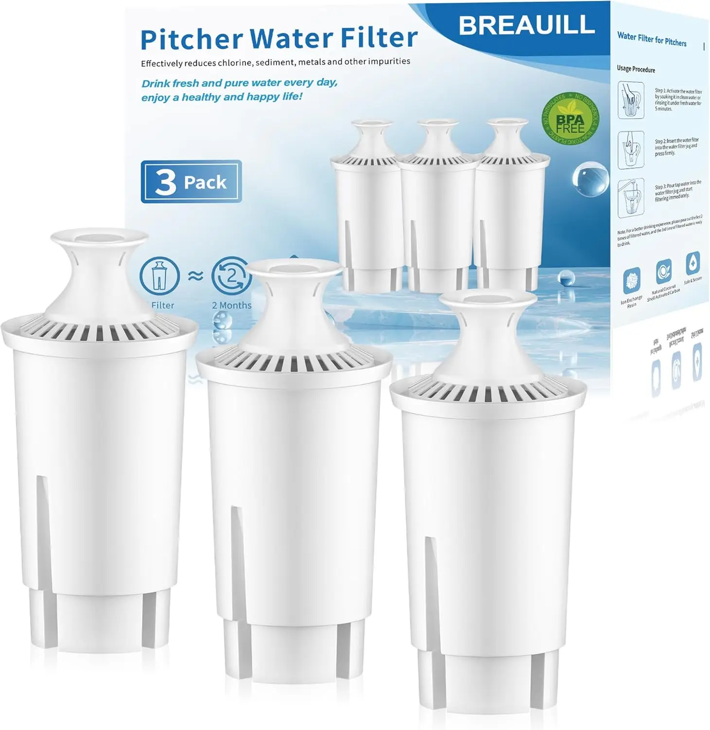 

NSF Certified Water Filter Replacement for Pitchers, 3-Pack, Reduces Chlorine & Odor