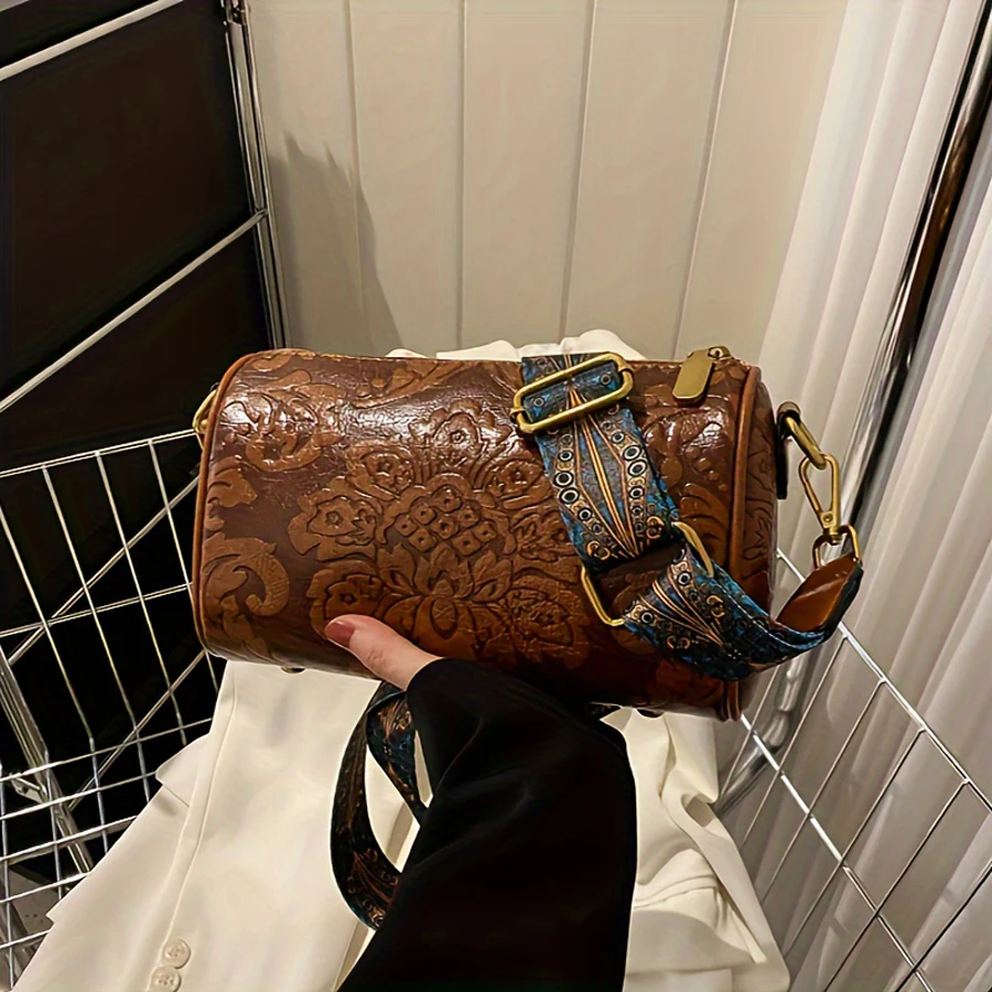 Modna damska torba cylindryczna w stylu retro w stylu chińskim, torba na jedno ramię, cylindryczna torba z wytłoczonym wzorem — zdjęcie 3