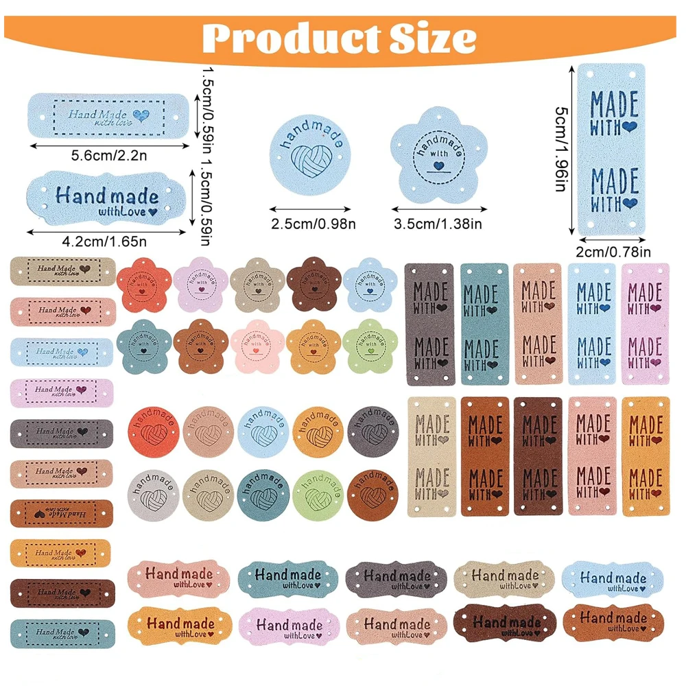 20 Handmade with Love Tags Colorful PU Leather Tags with Holes Crochet Tags Sewing Labels for Embossed Tag Clothes Accessories