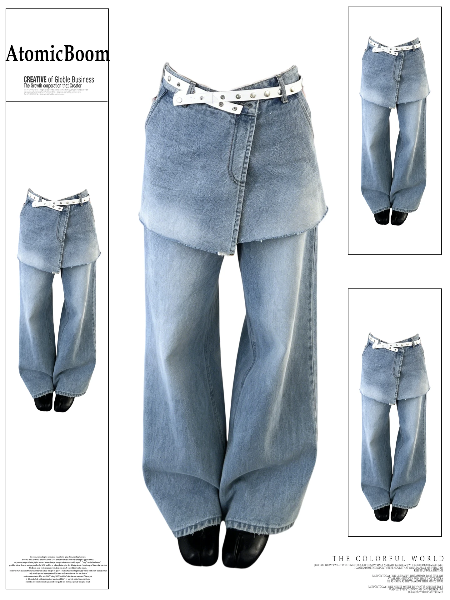 

American Style Loose Blue Denim Pants Women's Spring Summer New Style Fake Two-Piece Overlap Casual Straight Leg Jeans