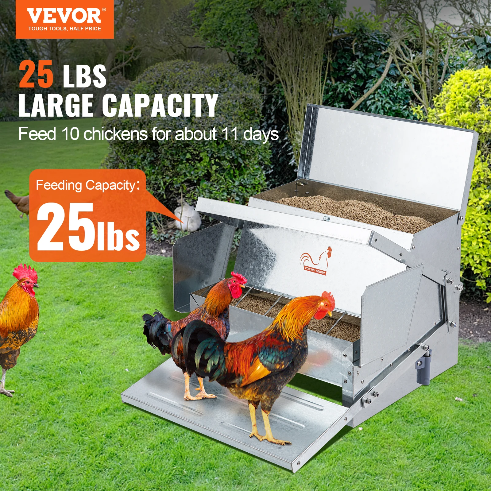 VEVOR Automatic Chicken Feeder 25 lbs Capacity Feeds 10 Chickens up to 11 Days Galvanized Steel Poultry Feeder