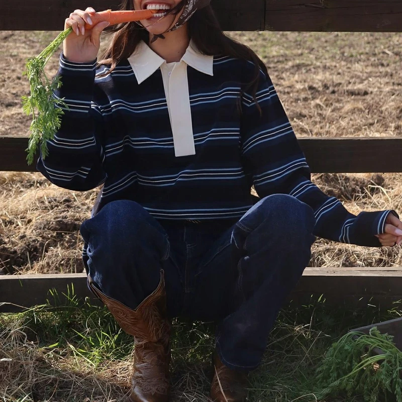 Combhasaki 女性 Y2K ヴィンテージレトロスウェット長袖ラペルボタン V ネックプルオーバートップルーズフィット美的ストライプ Tシャツ