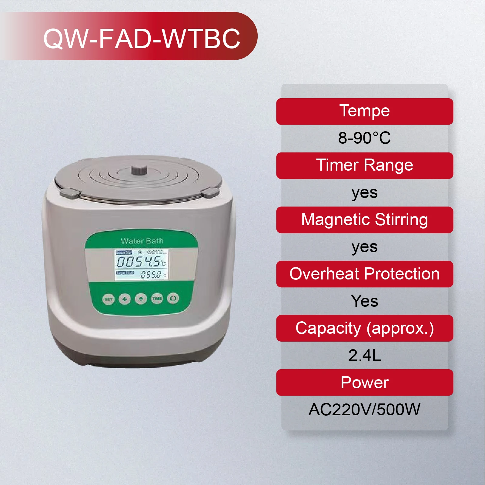 

QW-FAD-WB304 2.4L Benchtop Stainless Steel Laboratory Digital Water Bath with Temperature Control, Timer, Over‑Temp Protection