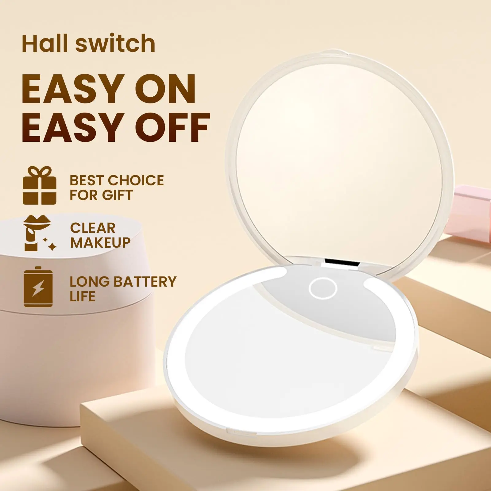 TAILI Compact Pocket Mirror with Lights Makeup Mirror with Touch Dimming,3 Colors Led Lighted 1X/3X Magnifying,USB Rechargeable